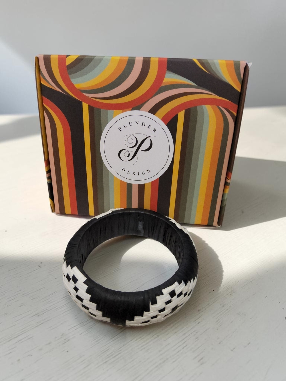 Plunder Black and White Woven Bangle Bracelet Large